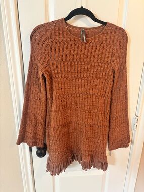 Anthropologie XS Rust Fringe-Trim Knit Dress Wide Sleeves Boho Cotton Blend